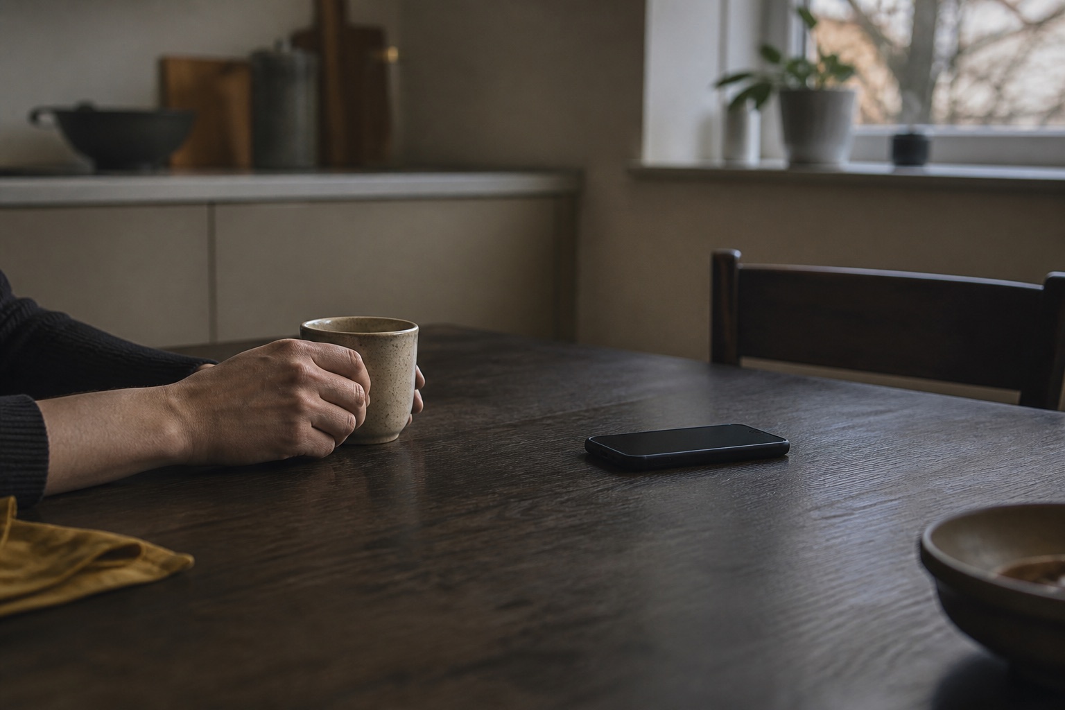 At an ordinary kitchen table, cropped hands hold a cup during a quiet, tense moment before response.
