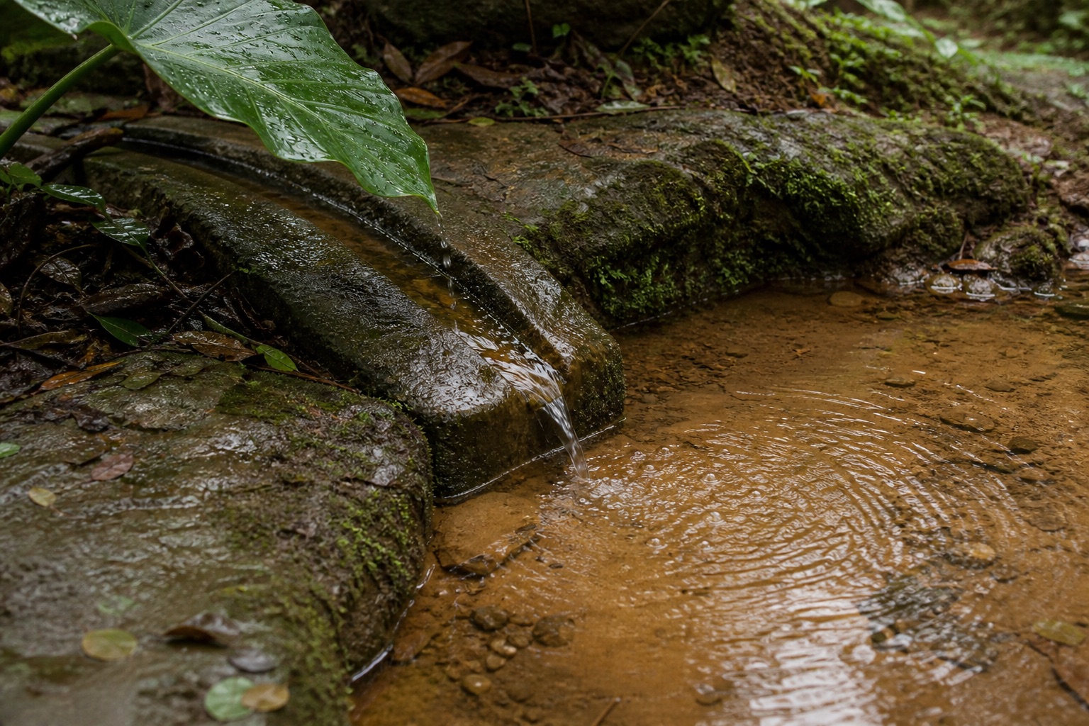 Rainwater gathers on a leaf, falls through a stone channel, disturbs sediment, and enters a shallow pool.