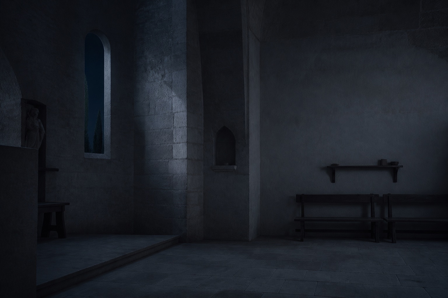 A simple stone oratory at night, its familiar forms barely visible in low natural light.