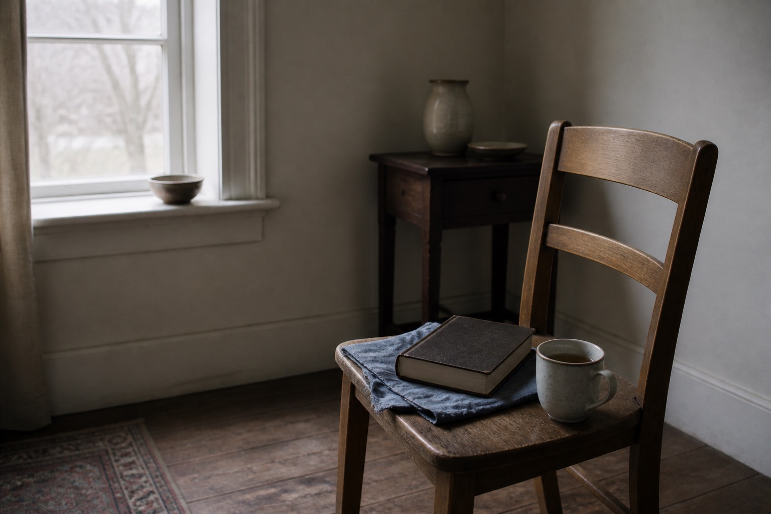 A well-used chair holds a plain closed prayer book and a cold cup in flat morning light.