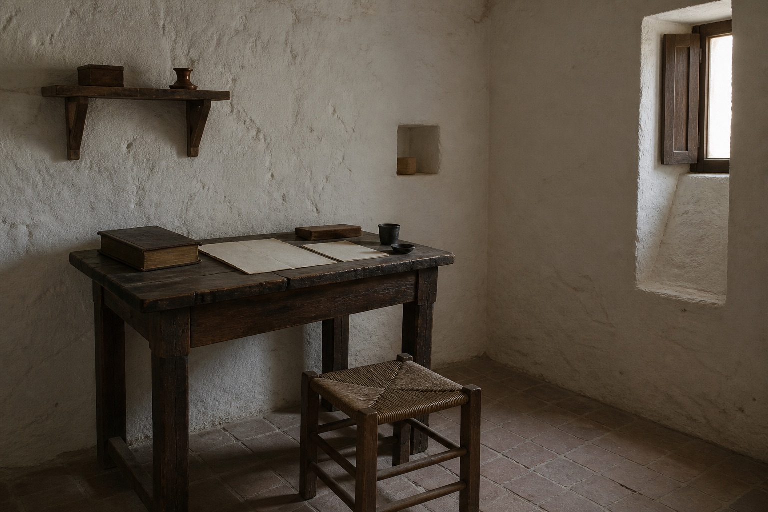 A reconstructed late-sixteenth-century Spanish Carmelite writing cell with rough desk, blank rag paper, bound books, and a small shuttered window.