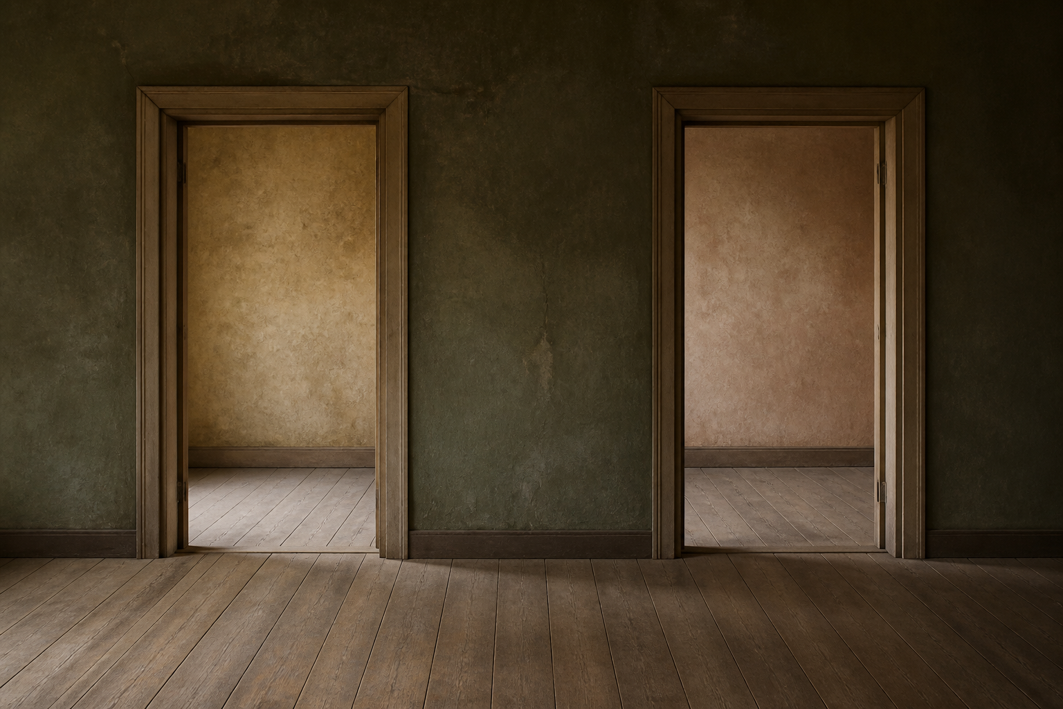 Two matching open doorways lead at the same floor level into similarly empty, evenly lit rooms.