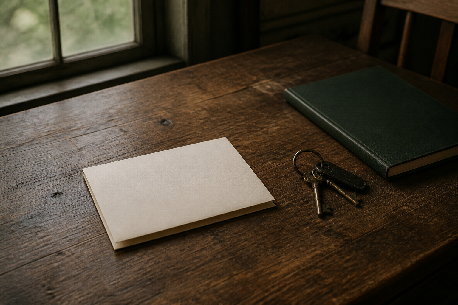 An unopened cream invitation rests on a wooden table beside a ring of keys and a closed green notebook.