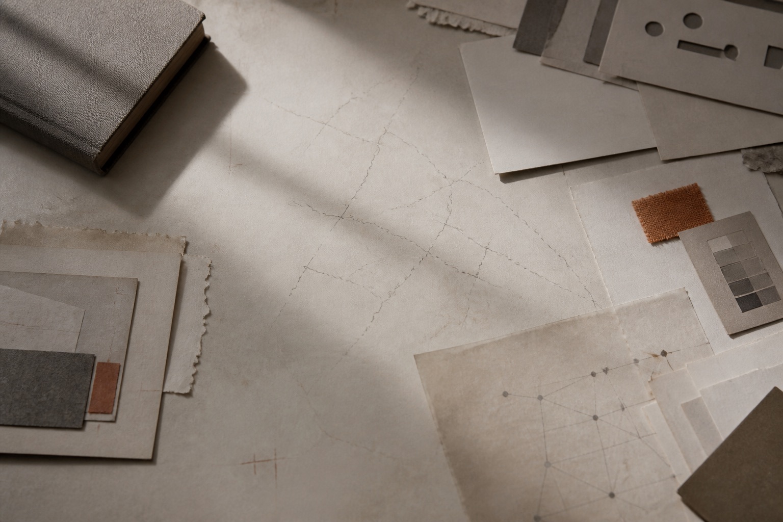A quiet study table with layered papers, faint field lines, material samples, and a closed clothbound book.