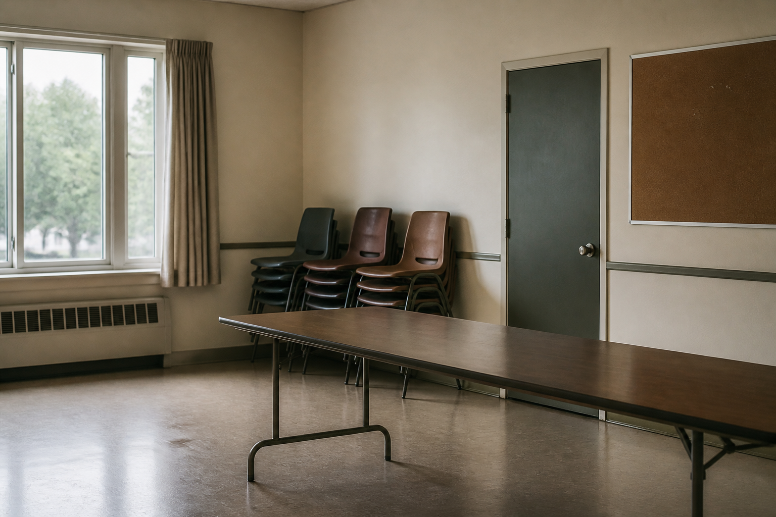 A cared-for but unused community meeting room with an empty table, stacked chairs, a blank noticeboard, and a closed door.