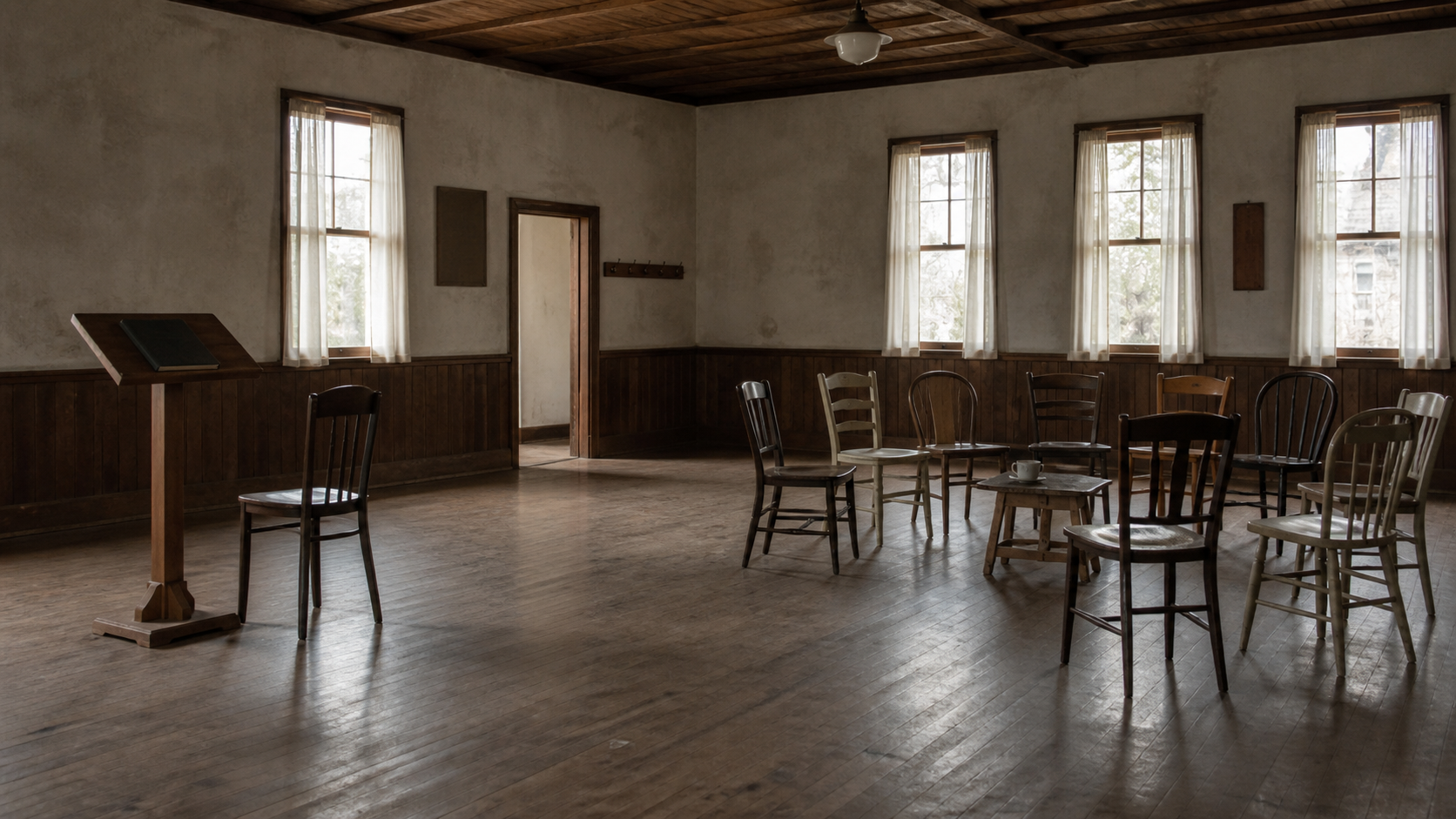 Crop of a community room centered on a plain lectern and one nearby chair.
